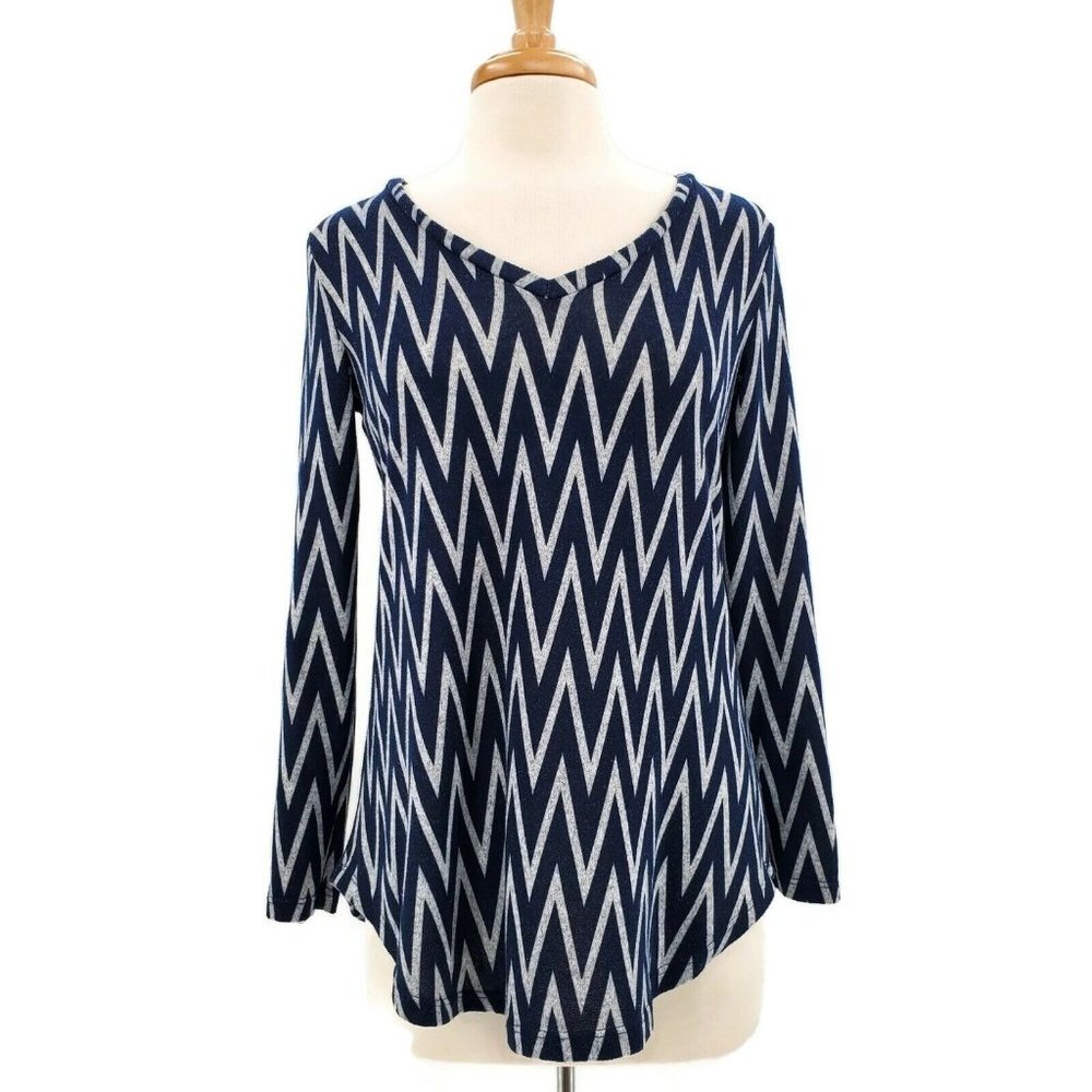 Tacera Womens Chevron Print Tunic Top Size‎ M Navy Blue V-Neck Long Sleeve